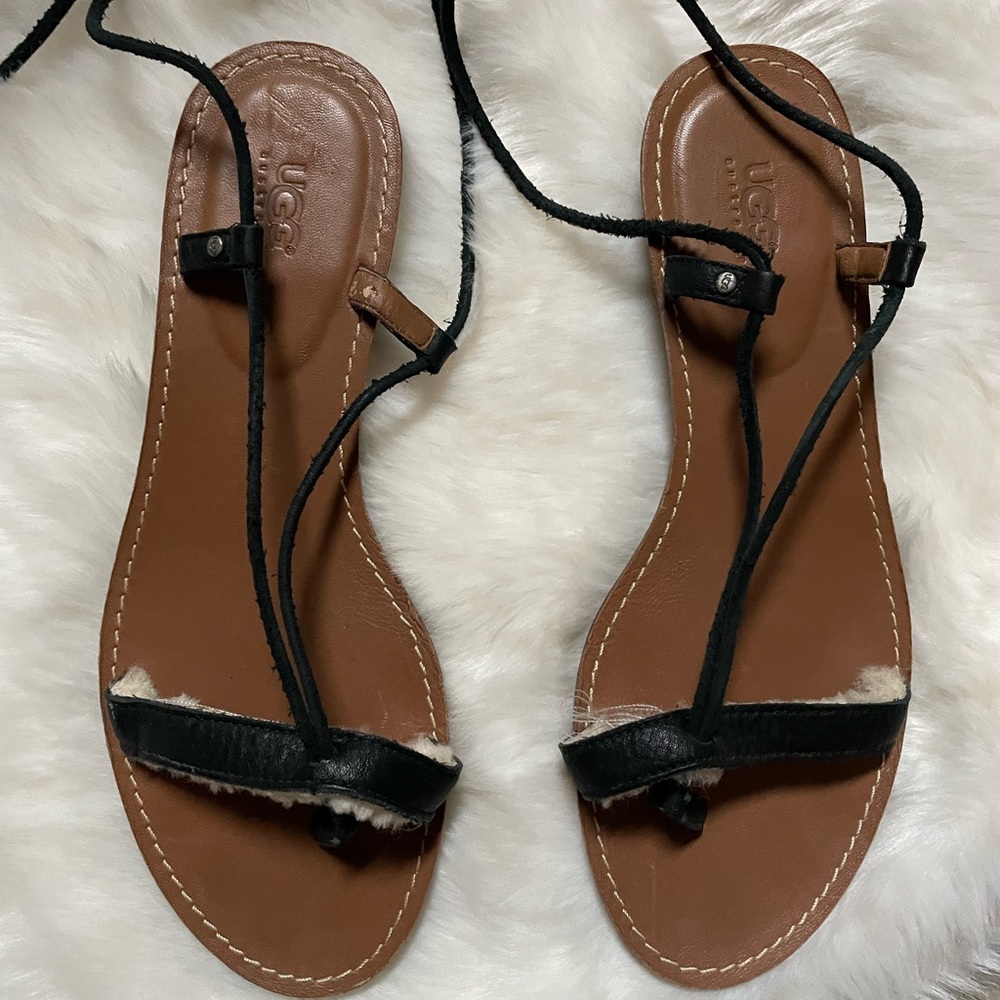 UGG Gladiator Black  Ankle Lace Up Sandals with Fur Detail Womens Size 8